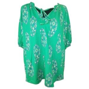 Knox Rose Green Paisley Peasant Blouse Boho V Neck Puff Flounce Sleeve L Cotton